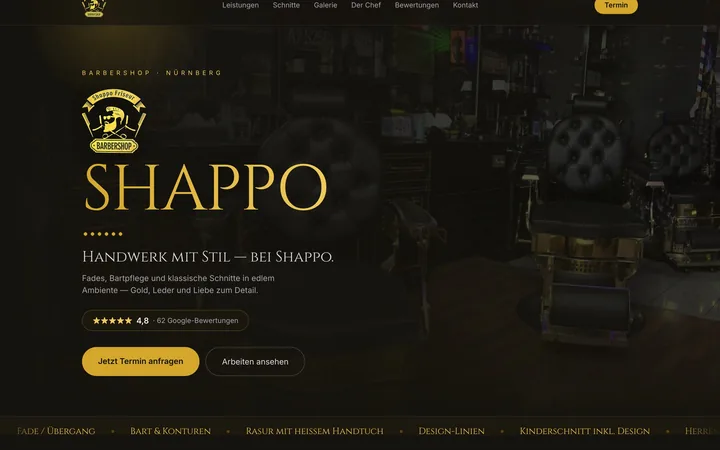 Bildschirmfoto der Website von Shappo Barbershop
