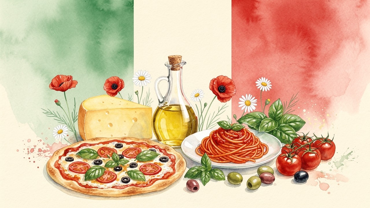 Pizza, Käse, Olivenöl und Spaghetti vor den Farben Italiens